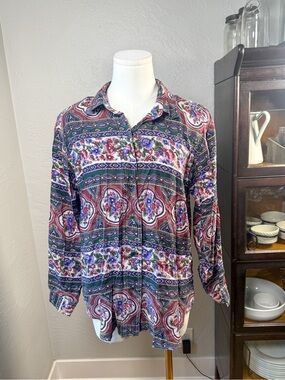 Vintage Backroad Blues 100% Silk Floral Boho Button Up Shirt Women’s S